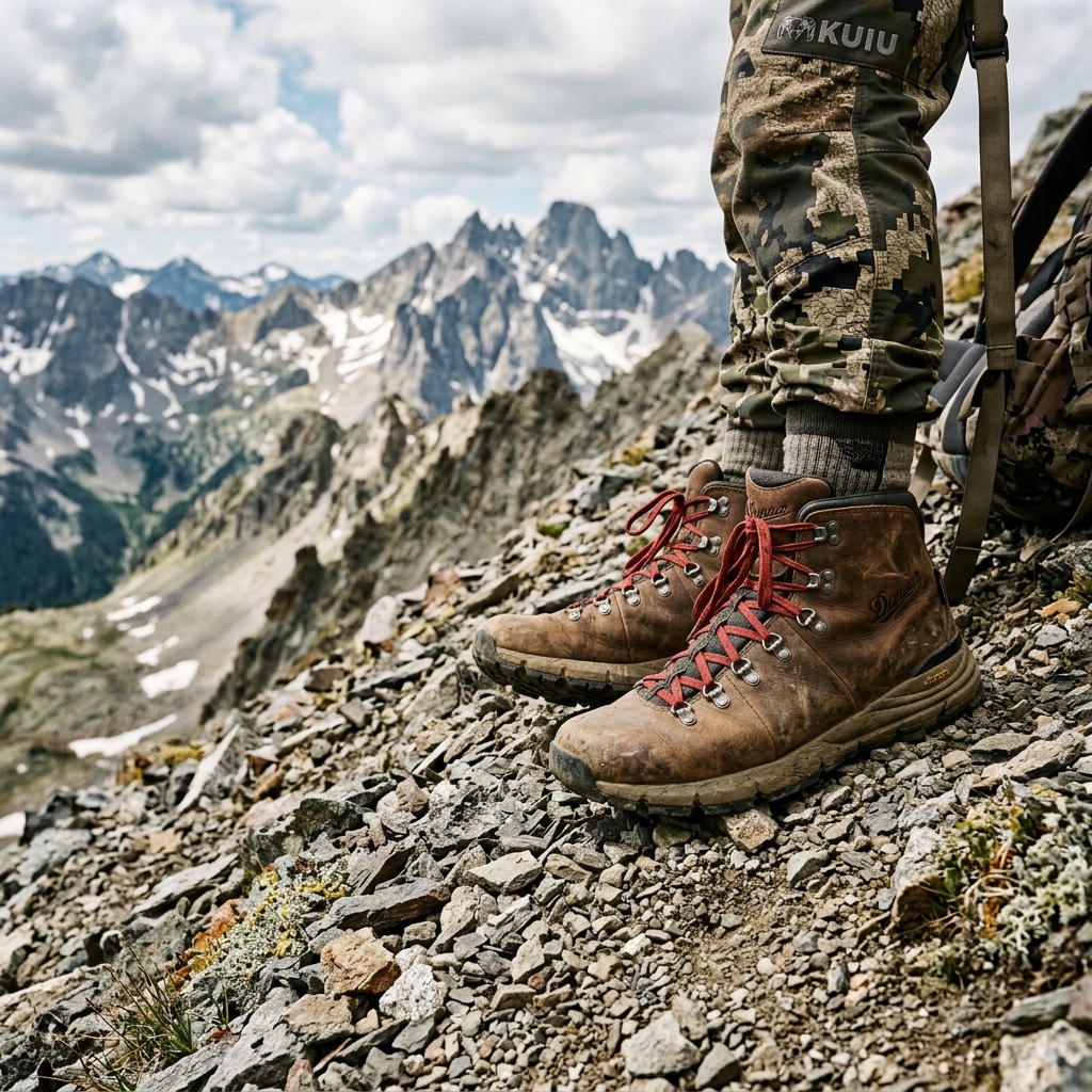 Hunter testing rugged mountain boots on rocky scree field